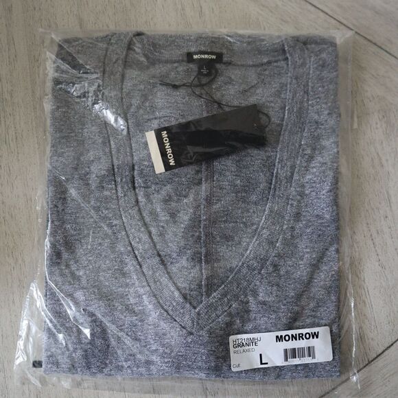 Monrow HT218MHJ Women Sz L Gray Textured Tri-Blend Relaxed V Neck Tee Shirt - Picture 7 of 8